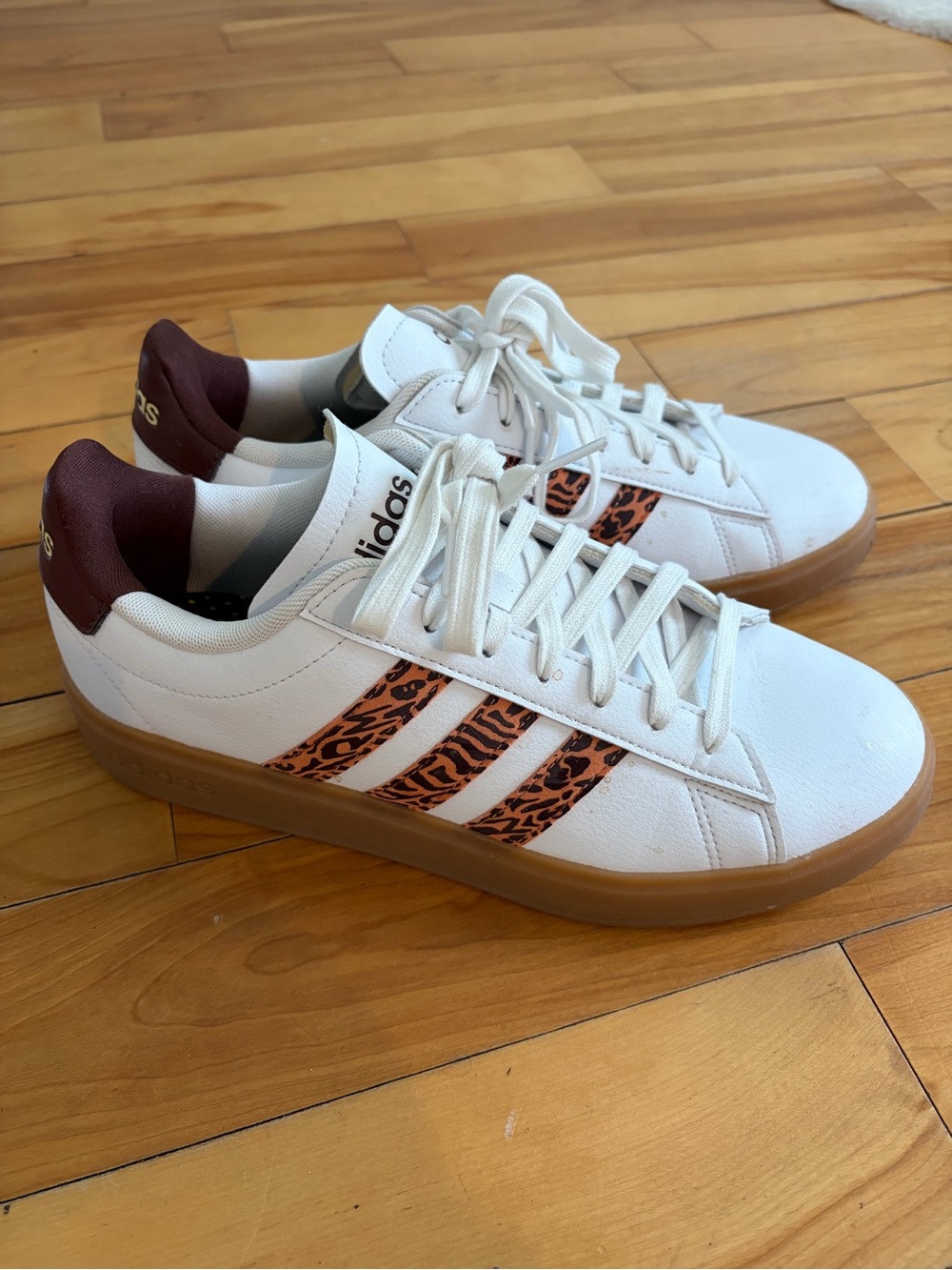 adidas White Sneakers with Leopard-Print Stripes and Gum Sole